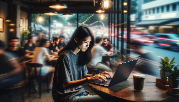 A young woman coding in a coffee shop