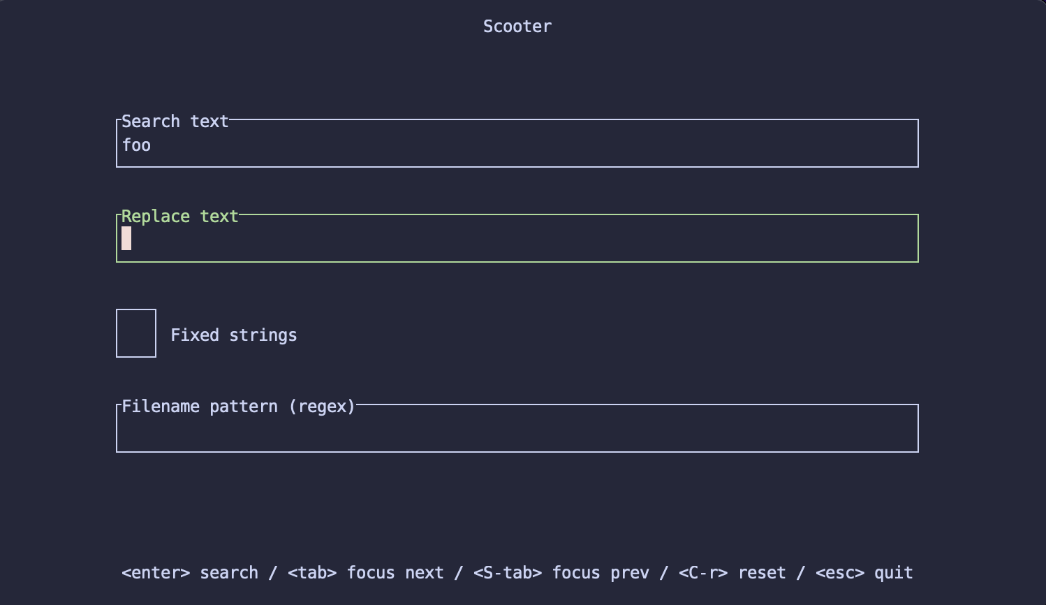 Preview of Scooter running in a terminal window