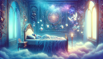 Sleeping Beauty asleep in a bed with clouds along the floor and dice floating in the air.