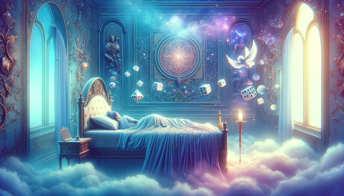 Sleeping Beauty asleep in a bed with clouds along the floor and dice floating in the air.